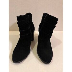 INC Vintage Bootie Boots Women Size 9 Black Suede High Heel Buckle Y2K Grunge